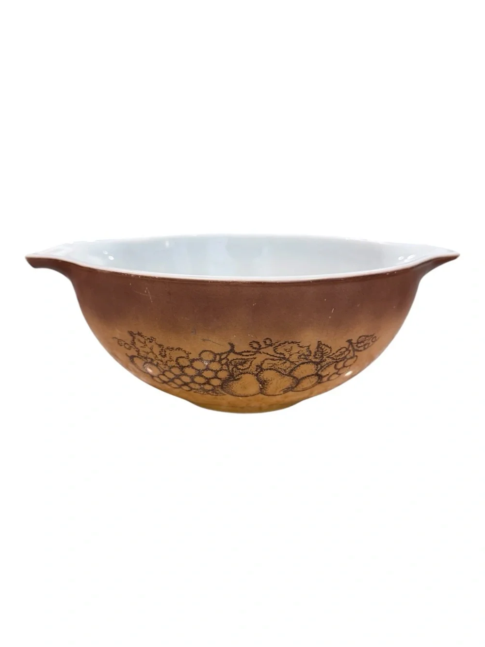 3 Vintage Pyrex Old Orchard burnt orange & brown fruit motif nesting bowls